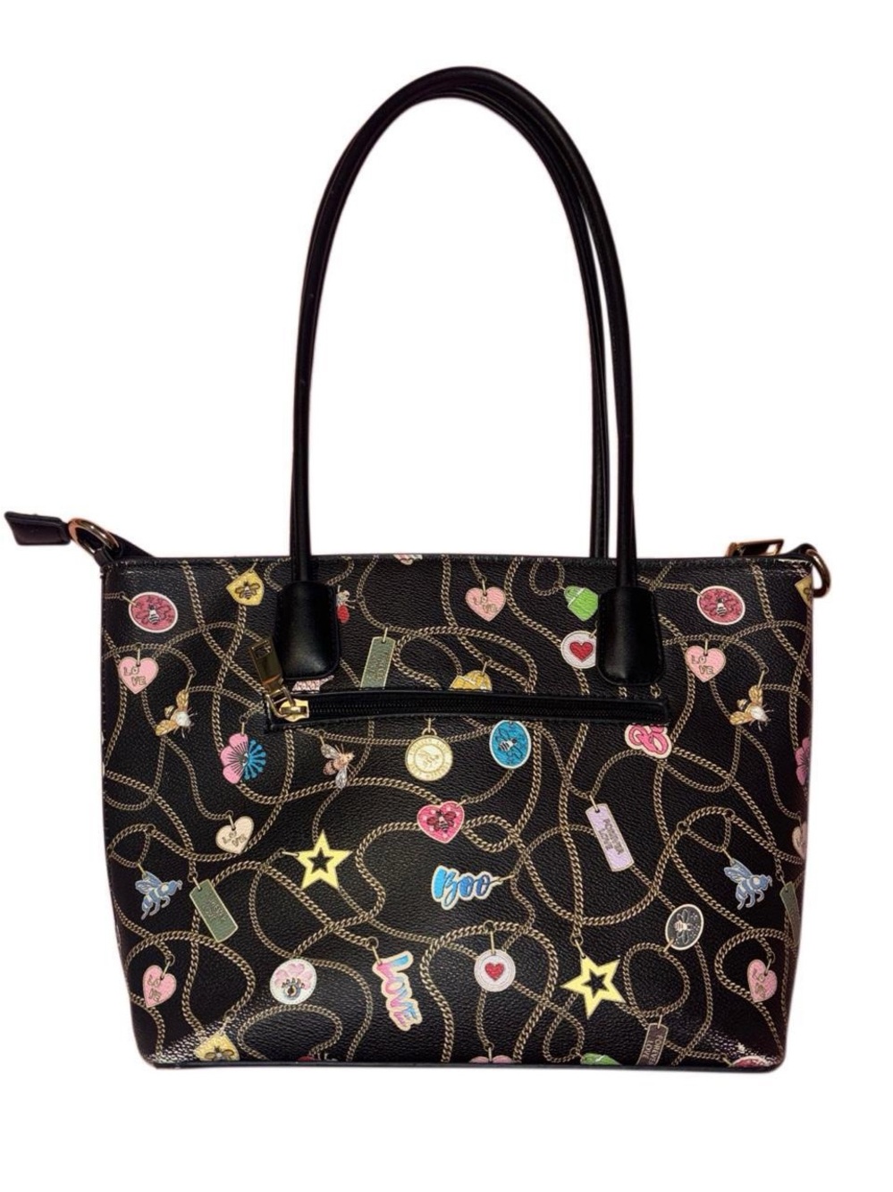 Black Patterned Tote Bag with Colorful Charm Motifs